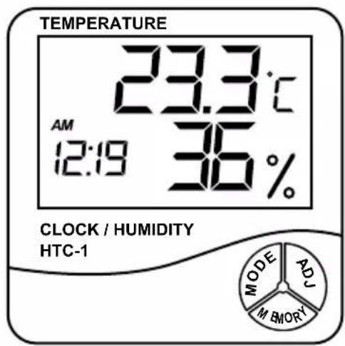 TEMPERATURE 23.3°C AM 12:19 36% CLOCK / HUMIDITY HTC-1 MODE ADJ M BORY