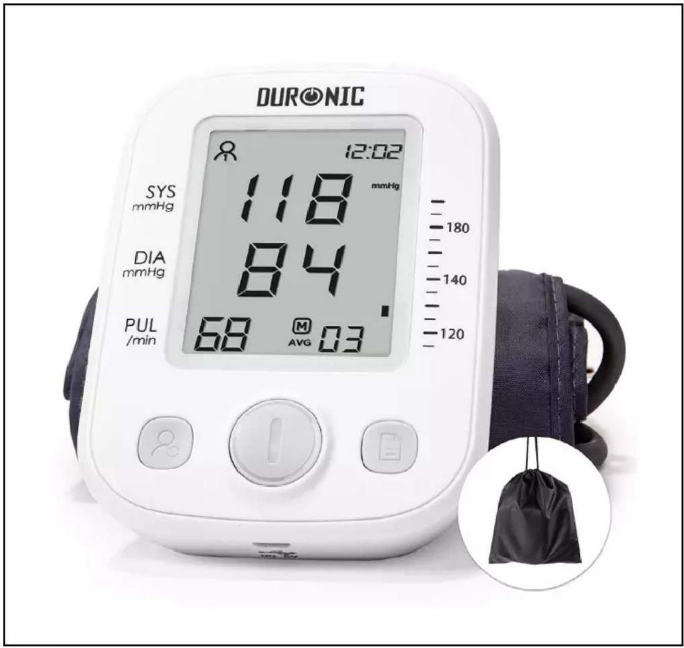 DURONIC 12:02 SYS mmHg 118 mmHg DIA mmHg 84 PUL /min 58 M AVG 03 180 140 120