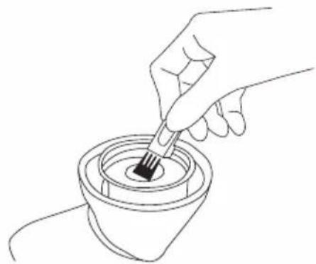 Line drawing of a hand using a brush to clean or wash a cup (no text or symbols)