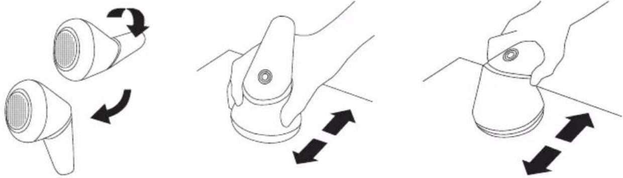 Three-step diagram showing a hand holding a small device with directional arrows indicating rotation or movement (no text or symbols present)