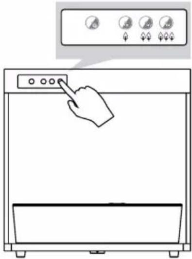 Diagram showing a hand pressing a button on a kitchen appliance with control panel icons above