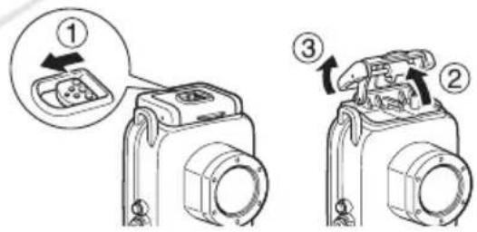 CANON WP-DC31 - ロック解除スイッチを矢印の方向へずらしながら、バックルを外してケースを開きます。 - 1