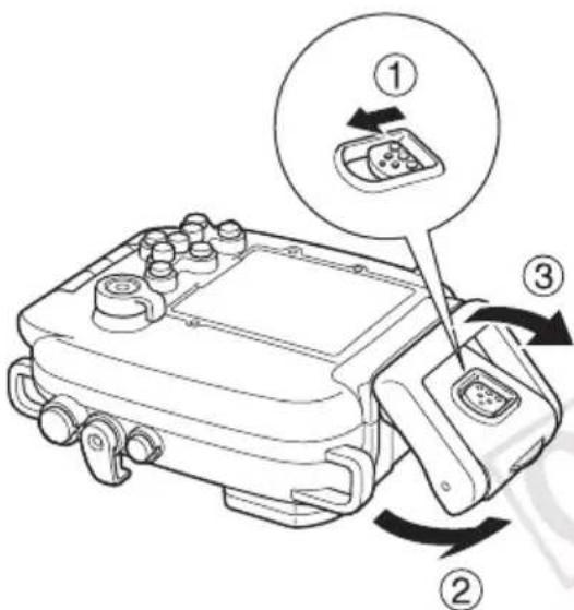 Diagram of a handheld device with labeled parts and directional arrows indicating motion or assembly steps