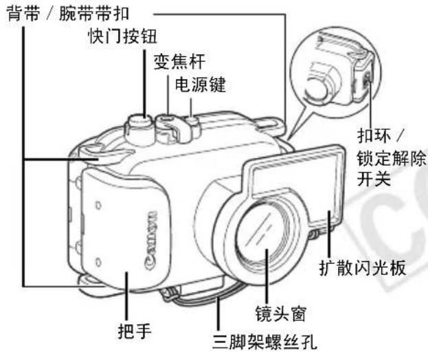 背带 / 腕带带扣 快门按钮 变焦杆 电源键 扣环 / 锁定解除 开关 扩散闪光板 镜头窗 三脚架螺丝孔 把手