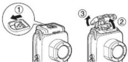 CANON WP-DC31 - Verschieben Sie die Entriegelungstaste wie gezeigt, und lösen Sie die Verriegelung, um den Deckel zu öffnen. - 1