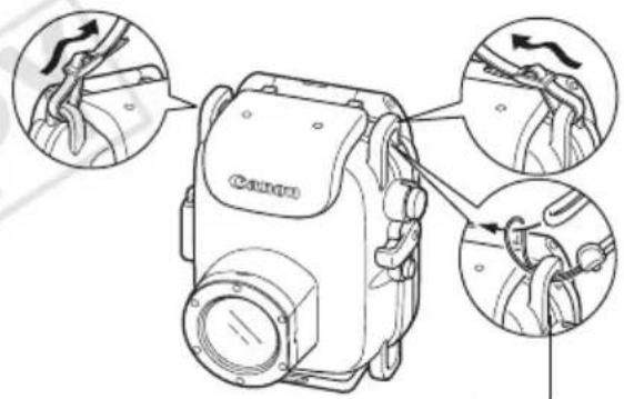 CANON WP-DC29 - Inserite entrambe le estremità della cinghia da collo negli appositi gancetti e regolatela a una lunghezza comoda. - 1