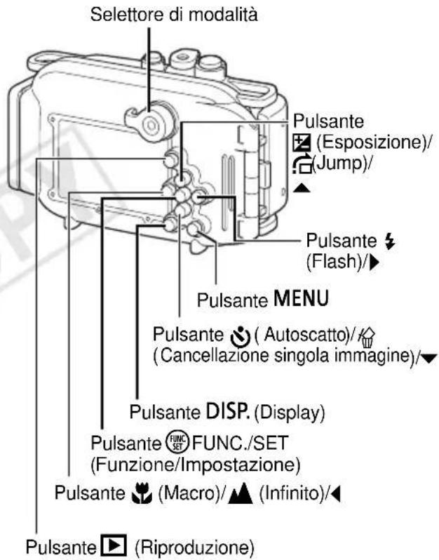 Selettore di modalità Pulsante (Esposizione)/ (Jump)/ Pulsante (Flash)/▶ Pulsante MENU Pulsante ⚪ (Autoscatto)//▽ (Cancellazione singola immagine)/▼ Pulsante DISP. (Display) Pulsante FUNC./SET (Funzione/Impostazione) Pulsante ⚪ (Macro)/ ▲ (Infinito)/◀ Pulsante ▶ (Riproduzione)