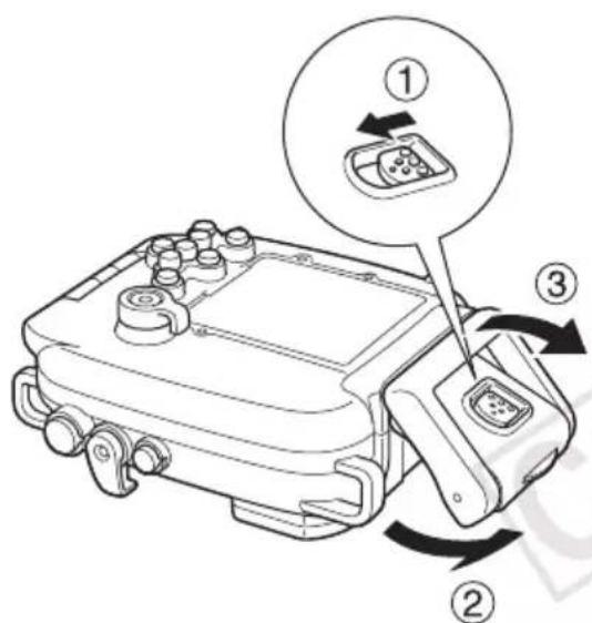 CANON WP-DC29 - Verschieben Sie die Entriegelungstaste wie gezeigt, und lösen Sie die Verriegelung, um den Deckel zu öffnen. Nehmen Sie die Kamera aus dem Gehäuse. - 1