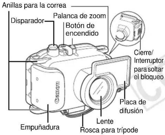 Anillas para la correa Disparador Palanca de zoom Botón de encendido Cierre/ Interruptor para soltar el bloqueo Placa de difusión Lente Rosca para trípode Empuñadura