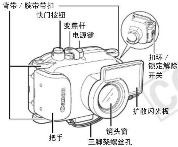 背带 / 腕带带扣 快门按钮 变焦杆 电源键 扣环 / 锁定解除开关 扩散闪光板 镜头窗 三脚架螺丝孔 把手