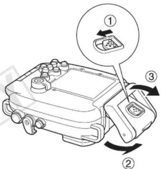CANON WP-DC29 - Deslice el interruptor de liberación del bloqueo y suelte el cierre para abrir la cubierta trasera. Extraiga la cámara de la funda. - 1