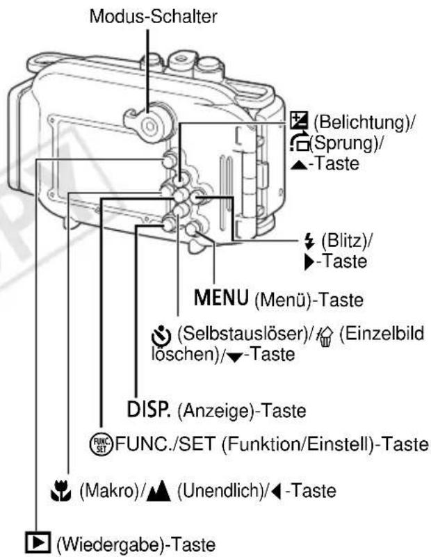 Modus-Schalter (Belichtung)/ (Sprung)/ ▲-Taste (Blitz)/ ►-Taste MENU (Menü)-Taste (Selbstauslöser)/♦ (Einzelbild löschen)/▼-Taste DISP. (Anzeige)-Taste FUNC./SET (Funktion/Einstell)-Taste (Makro)/▲ (Unendlich)/◄-Taste (Wiedergabe)-Taste