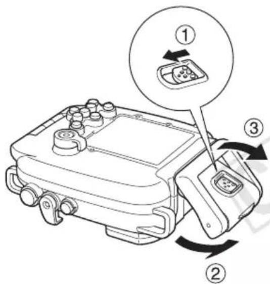 CANON WP-DC29 - Spostare l'interruttore di rilascio blocco come mostrato, e rilasciare il fermo per aprire il coperchio posteriore. Quindi rimuovere la fotocamera dalla custodia. - 1