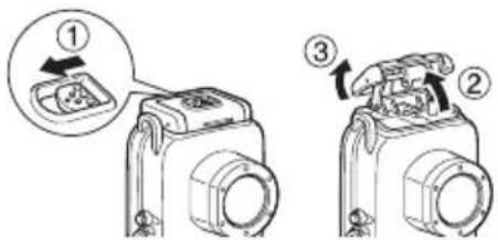 Technical diagram showing three-step assembly of a device with labeled parts and directional arrows indicating process steps.