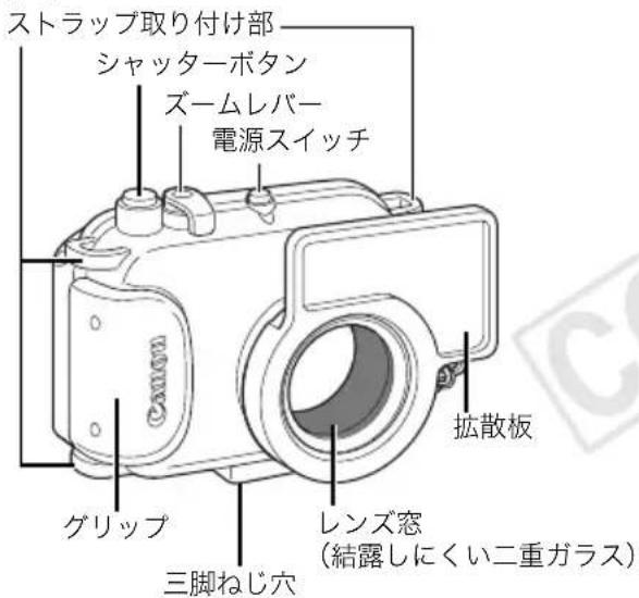 ストラップ取り付け部 シャッターボタン ズームレバー 電源スイッチ 拡散板 グリップ レンズ窓 (結露しにくい二重ガラス) 三脚ねじ穴