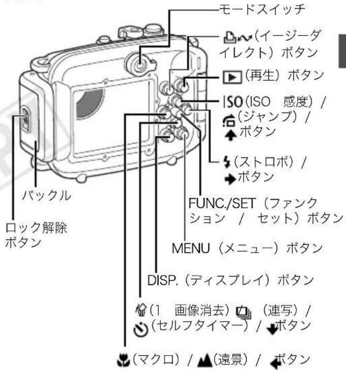 モードスイッチ (イージーダ イレクト) ボタン (再生) ボタン ISO (ISO 感度) / (ジャンプ) / ボタン (ストロボ) / ボタン FUNC./SET (ファンク ション / セット) ボタン MENU (メニュー) ボタン DISP. (ディスプレイ) ボタン (1 画像消去) □ (連写) / (セルフタイマー) / ボタン (マクロ) / ▲ (遠景) / ボタン バックル ロック解除 ボタン