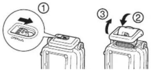 CANON WP-DC24 - 5Verschieben Sie die Entriegelungstaste wie gezeigt, und lösen Sie die Verriegelung, um den Deckel zu öffnen. - 1