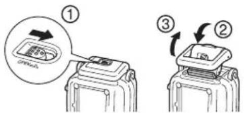 CANON WP-DC24 - Faites glisser le bouton de verrouillage comme indiqué sur l'illustration et libérez le cliquet pour ouvrir le volet arrière. - 1