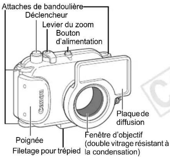 Attaches de bandoulière Déclencheur Levier du zoom Bouton d'alimentation Poignée Filetage pour trépied Fenêtre d'objectif (double vitrage résistant à la condensation) Plaque de diffusion