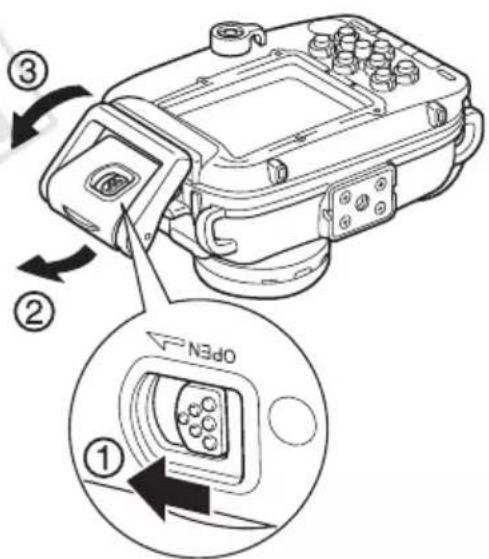 CANON WP-DC24 - Spostate l'interruttore di blocco come mostrato nell'illustrazione, e rilasciate il fermo per aprire il coperchio posteriore. Quindi rimuovete la fotocamera dalla custodia. - 1