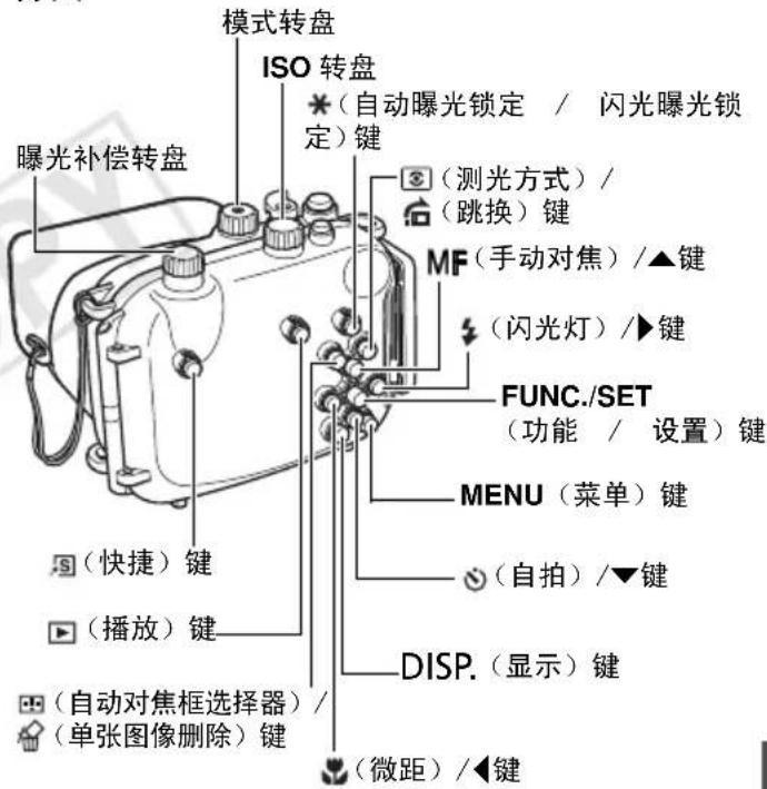 模式转盘 ISO 转盘 曝光补偿转盘 (自动曝光锁定 / 闪光曝光锁 定)键 (测光方式)/ (跳换)键 MF(手动对焦)/▲键 (闪光灯)/▶键 FUNC./SET (功能 / 设置)键 MENU(菜单)键 (自拍)/▼键 DISP.(显示)键 (快捷)键 (播放)键 (自动对焦框选择器)/ (单张图像删除)键 (微距)/◀键