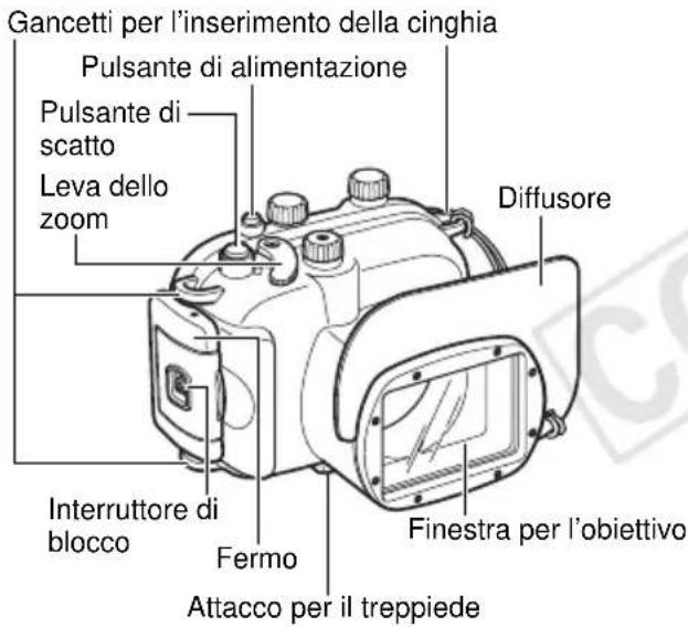 Gancetti per l'inserimento della cinghia Pulsante di alimentazione Pulsante di scatto Leva dello zoom Diffusore Interruttore di blocco Fermo Attacco per il treppiede Finestra per l'obiettivo