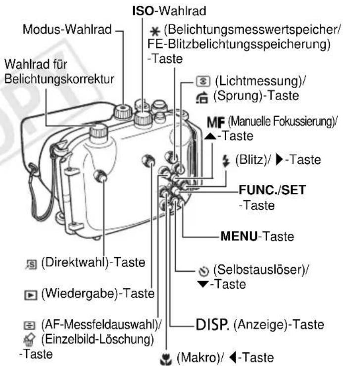 Modus-Wahlrad Wahlrad für Belichtungskorrektur ISO-Wahlrad ( Belichtungsmesswertspeicher/ FE-Blitzbelichtungsspeicherung) -Taste (Lichtmessung)/ (Sprung)-Taste MF (Manuelle Fokussierung)/ -Taste (Blitz)/►-Taste FUNC./SET -Taste MENU-Taste (Selbstauslöser)/ ►-Taste (Direktwahl)-Taste (Wiedergabe)-Taste (AF-Messfeldauswahl)/ (Einzelbild-Löschung) -Taste DISP. (Anzeige)-Taste (Makro)/◄-Taste
