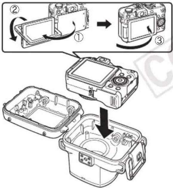 CANON WP-DC34 - ロック解除スイッチを矢印の方向へずらしながら、バックルを外してケースを開きます。 - 2