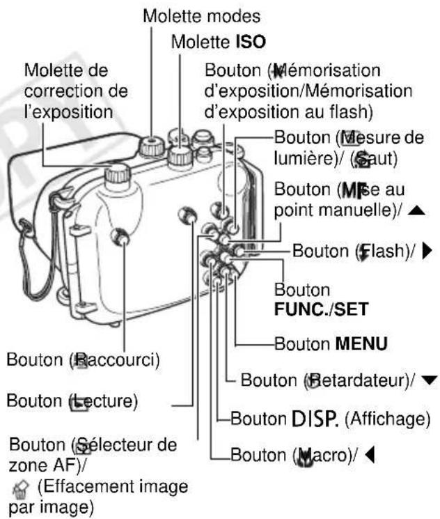 Molette modes Molette ISO Molette de correction de l'exposition Bouton (Mémorisation d'exposition/Mémorisation d'exposition au flash) Bouton (Mesure de lumière)/ (Saut) Bouton (Mise au point manuelle)/ ▲ Bouton (Flash)/ ▶ Bouton FUNC./SET Bouton MENU Bouton (Retardateur)/ ▼ Bouton DISP. (Affichage) Bouton (Macro)/ ◀ Bouton (Raccourci) Bouton (Lecture) Bouton (Sélecteur de zone AF)/ (Effacement image par image)