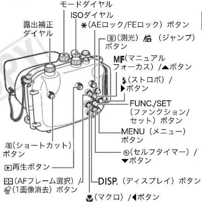 モードダイヤル ISOダイヤル 露出補正 ダイヤル *(AEロック/FEロック) ボタン (測光) ホ (ジャンプ) ボタン MF(マニュアル フォーカス) /▲ボタン (ストロボ) / ▶ボタン FUNC./SET (ファンクション/ セット) ボタン MENU (メニュー) ボタン (セルフタイマー) / ▼ボタン DISP. (ディスプレイ) ボタン (マクロ) /◀ボタン (ショートカット) ボタン 再生ボタン (AFフレーム選択) / (1画像消去) ボタン