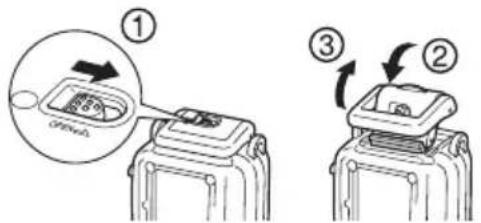 CANON WP-DC22 - Faites glisser le bouton de verrouillage comme indiqué sur l'illustration et libérez le cliquet pour ouvrir le volet arrière. - 1