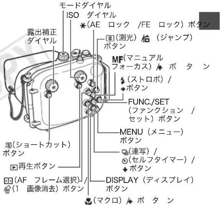 モードダイヤル ISO ダイヤル (AE ロック /FE ロック) ボタン 露出補正 ダイヤル (測光) ホタン (ジャンプ) MF(マニュアル フォーカス) ボタン (ストロボ) ボタン FUNC./SET (ファンクション /セット) ボタン MENU (メニュー) ボタン (連写) / (セルフタイマー) / ボタン (AF フレーム選択) ボタン (1 画像消去) ボタン DISPLAY (ディスプレイ) ボタン (マクロ) ボタン