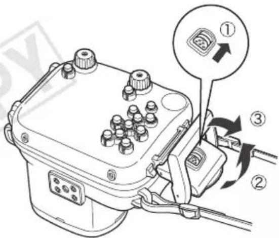 CANON WP-DC28 - Spostate l'interruttore di blocco come mostrato nell'illustrazione, e rilasciate il fermo per aprire il coperchio posteriore. Quindi rimuovete la fotocamera digitale dalla custodia. - 1