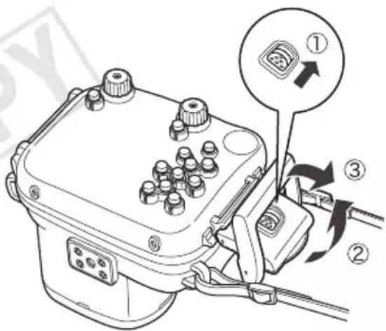 CANON WP-DC28 - Verschieben Sie die Entriegelungstaste wie gezeigt, und lösen Sie die Verriegelung, um den Deckel zu öffnen. Nehmen Sie die Kamera aus dem Gehäuse. - 1