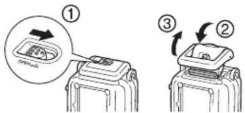 CANON WP-DC26 - 4Faites glisser le bouton de verrouillage comme indiqué sur l'illustration et libérez le cliquet pour ouvrir le volet arrière. - 1