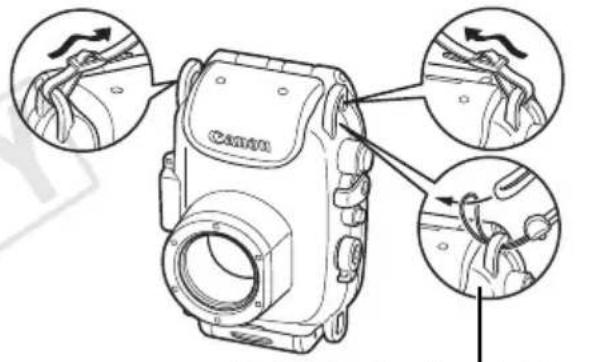 Technical diagram of a Canon camera module with three circular insets showing mechanical components and directional arrows.