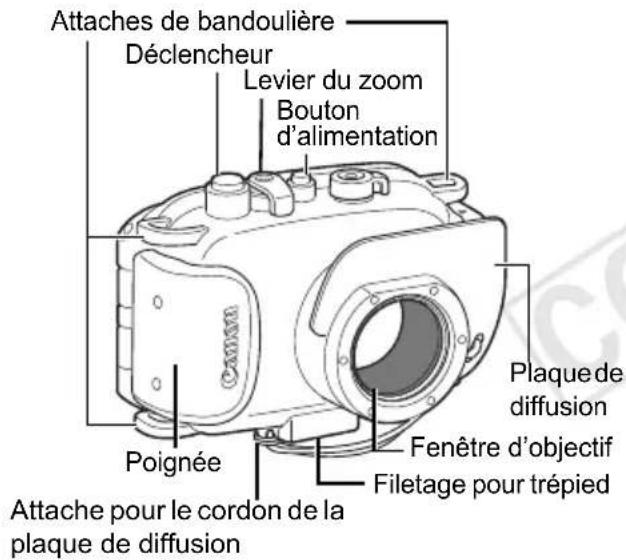 Attaches de bandoulière Déclencheur Levier du zoom Bouton d'alimentation Poignée Attache pour le cordon de la plaque de diffusion Fenêtre d'objectif Filetage pour trépied Plaque de diffusion