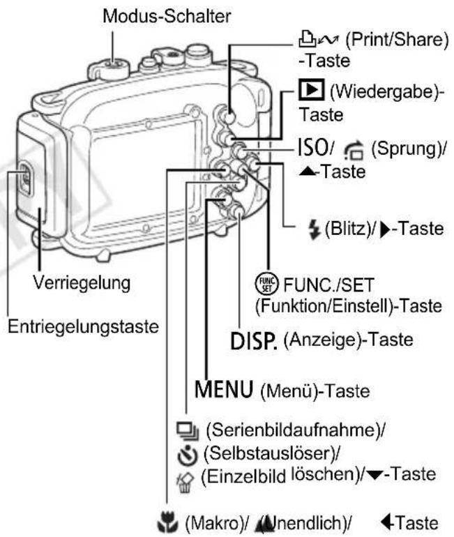 Modus-Schalter (Print/Share) -Taste (Wiedergabe)- Taste ISO/ (Sprung)/ ▲Taste (Blitz)/►-Taste FUNC./SET (Funktion/Einstell)-Taste DISP. (Anzeige)-Taste MENU (Menü)-Taste (Serienbildaufnahme)/ (Selbstauslöser)/ (Einzelbild löschen)/▼-Taste (Makro)/ (Unendlich)/ ◀-Taste Verriegelung Entriegelungstaste