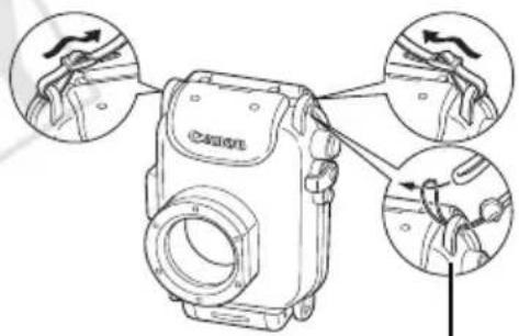 CANON WP-DC23 - Inserite entrambe le estremità della cinghia da collo negli appositi gancetti e regolatela a una lunghezza comoda. - 1