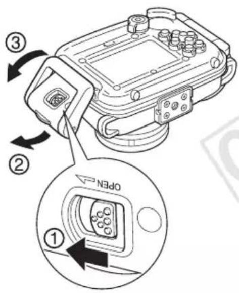CANON WP-DC23 - 2Verschieben Sie die Entriegelungstaste wie gezeigt, und lösen Sie die Verriegelung, um den Deckel zu öffnen. Nehmen Sie die Kamera aus dem Gehäuse. - 1