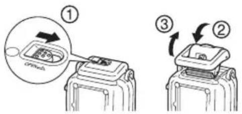 CANON WP-DC23 - Spostate l'interruttore di blocco come mostrato nell'illustrazione, e rilasciate il fermo per aprire il coperchio posteriore. - 1