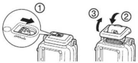 CANON WP-DC23 - 5Verschieben Sie die Entriegelungstaste wie gezeigt, und lösen Sie die Verriegelung, um den Deckel zu öffnen. - 1
