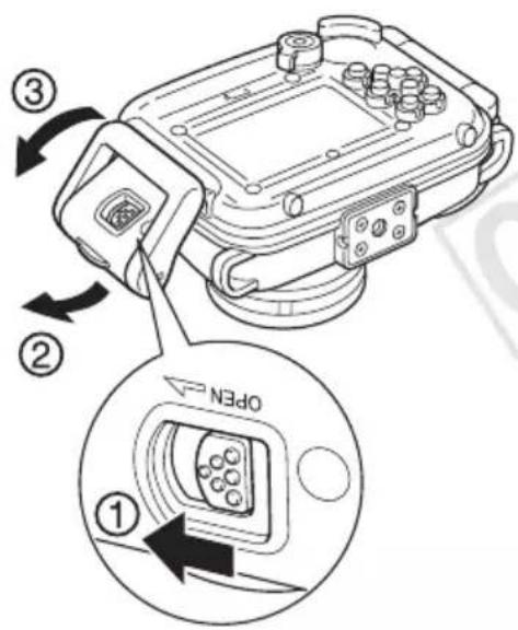 CANON WP-DC23 - Spostate l'interruttore di blocco come mostrato nell'illustrazione, e rilasciate il fermo per aprire il coperchio posteriore. Quindi rimuovete la fotocamera dalla custodia. - 1