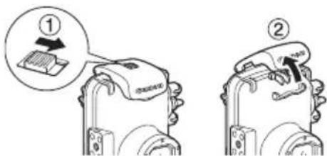 CANON WP-DC27 - Slide the lock release switch as shown, and release the catch to open the back cover. - 1