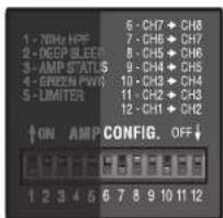 1 - MHz HPF 2 - DEEP SLEEP 3 - AMP STATS 4 - GREEN PWR 5 - LIMITER ↑ ON AMP CONFIG. OFF ↓ 6 - CH7 + CH8 7 - CH6 + CH7 8 - CH5 + CH6 9 - CH4 + CH5 10 - CH3 + CH4 11 - CH2 + CH3 12 - CH1 + CH2