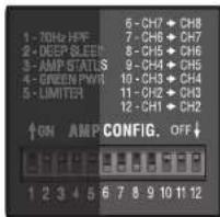 1 - 70Hz HP 2 - DEEP BEEP 3 - AMP STATS 4 - GREEN PWM 5 - LIMITER 6 - CH7 + CH8 7 - CH8 + CH7 8 - CH5 + CH6 9 - CH4 + CH5 10 - CH3 + CH4 11 - CH2 + CH3 12 - CH1 + CH2 ↑ ON AMP CONFIG. OFF ↓ 1 2 3 4 5 6 7 8 9 10 11 12