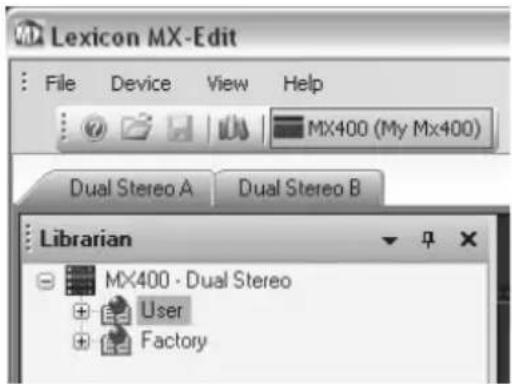 Lexicon MX-Edit File Device View Help MX400 (My Mx400) Dual Stereo A Dual Stereo B Librarian MX400 - Dual Stereo User Factory