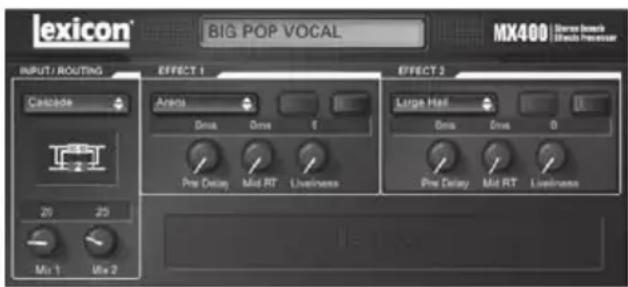 lexicon® BIG POP VOCAL MX400 | Stereo waveform Blends Processor INPUT / ROUTING EFFECT 1 EFFECT 2 Cascade Arena Large Hall Ona Ona Ona Ona Pre Delay Mid RT Liveliness Pre Delay Mid RT Liveliness 20 25 Mix 1 Mix 2