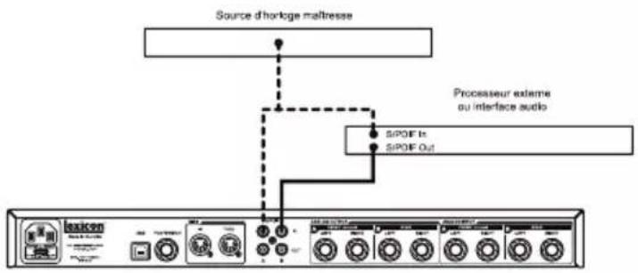 Source d'horloge maîtresse SPOIF In SPOIF Out Processeur externe ou interface audio