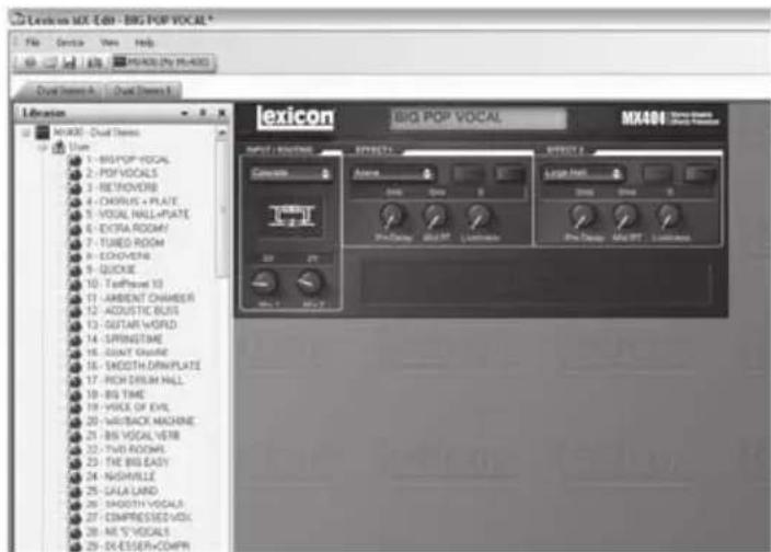 lexicon MX 6.01 - BIG POP VOCAL * File Edit View Help M4000 (My M400) Dual Channels A Dual Channels B L acquisition M4000 - Dual Channels Ums 1 - BIG POP VOCAL 2 - POP VOCALS 3 - RETROVERI 4 - CHORUS + PLATE 5 - VOCAL NALL+PLATE 6 - EXTRA ROOM/ 7 - TUBEED ROOM 8 - ECHOVERI 9 - QUICKIE 10 - Teatpeak TO 11 - AMBIENT CHAMBER 12 - ACUSTIC BLUS 13 - SOUTAR WORLD 14 - LSPINETIME 15 - SCOTTH DRAM/PLATE 16 - RICH DREAM HALL 17 - BIG TIME 18 - VOICE OF EVIL 19 - WAT/BACK MACHINE 20 - BIG VOCAL VERB 21 - TWO ROOMS 22 - THE BIG EASY 23 - NASHVILLE 24 - LALLA LAND 25 - SHOOTH VOCALS 26 - COMPRESSED/VOCX 27 - ME'S VOCALS 28 - DK-ESSER-COMPRI exicon BIG POP VOCAL MX400